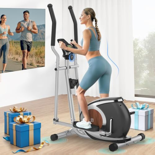 Vélo Elliptique Magnétique avec 16 Niveaux de Résistance, Appareil Elliptique Ultra-Silencieux pour la Maison, Écran LCD, Porte-Bouteille, Capacité de Charge de 120KG (Argenté)