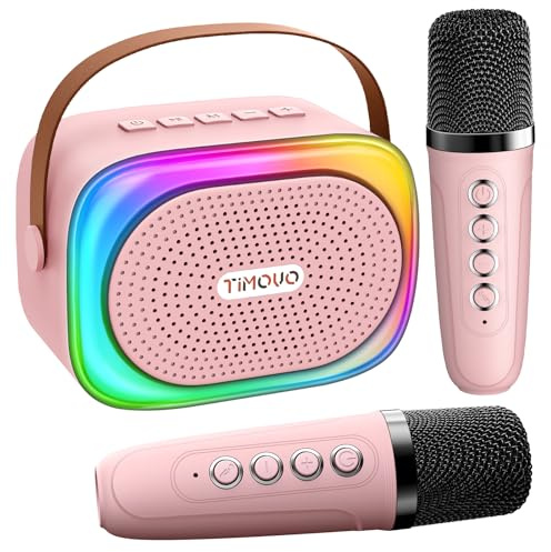 TiMOVO Mini Karaoke Machine, Portable Bluetooth Speaker with 2 Wireless Microphones and LED Lights, Birthday Gifts for Family Home Party, Pink