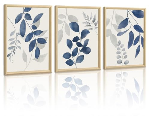 WENGTIAO Cuadros con Marco, Acuarela Azul Hojas Cuadros Decoracion Salon Modernos, Minimalista Abstracto Botánicos Azules Pintura Sobre Lienzo para Dormitorios Decoracion Pared Casa 30x40cmx3