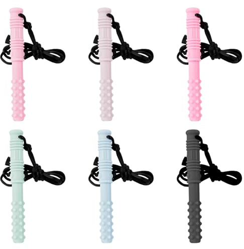 Hopzab 6 Pack Sensory Chew Necklaces, Food-Grade Silicone Teething Pendants, Discreet Oral Motor Aids for Sensory Needs, BPA-Free Chewy Jewellery, Gentle Biting Relief