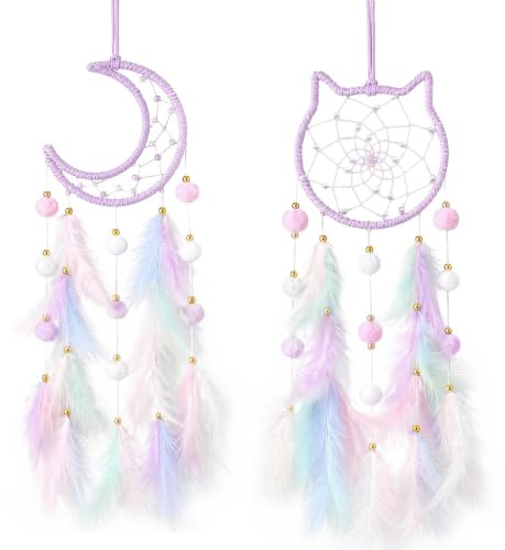 Dream Catcher for Girls, 2Pcs Boho Wall Decor Cat Star | Handmade bohemian dreamcatchers with feathers and pom poms. Purple, bedroom accessories