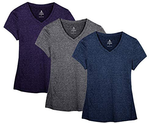 icyzone Women's Workout Running T-Shirt Yoga Fitness V-Neck Short-Sleeve Tops Sports Shirt, 3 Pack (L, Royal Blue/Purple/Charcoal)