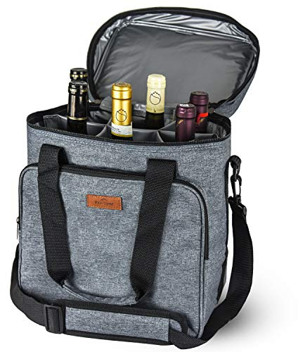 Freshore® Insulated Wine Carrier 6 Bottle Bag Tote Removable Padded Divider Cooler - Portable Travel Carrying Canvas Case Adjustable Shoulder Strap - (Space Grey)