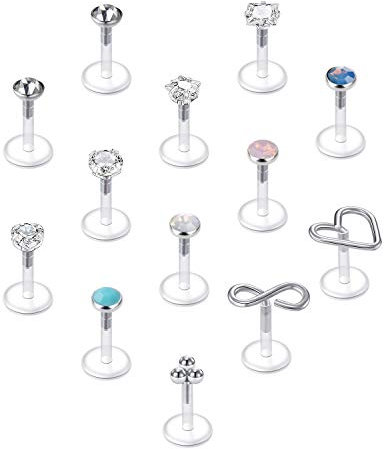JFORYOU Bioflex Acryl Labret Stecker 13 Stücke Lippenpiercing Lippenring Zirkonia Helix Tragus Ohr Stecker Piercing Ohrring 1,2mm 6mm