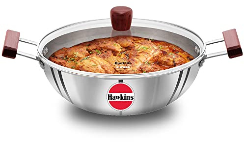 HAWKINS Tri-Ply Stainless Steel Induction Compatible Deep Kadhai (Deep-Fry Pan) with Glass Lid, Capacity 5 Litre, Diameter 30 cm, Thickness 3 mm, Silver (SSK50G)…