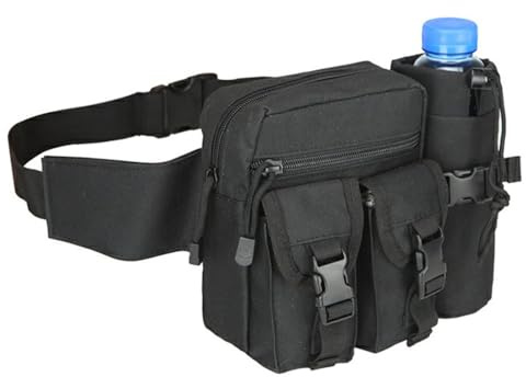 Sac banane tactique militaire étanche avec poche pour bouteille d'eau pour jogging, randonnée, marche, course à pied, cyclisme, escalade, Noir