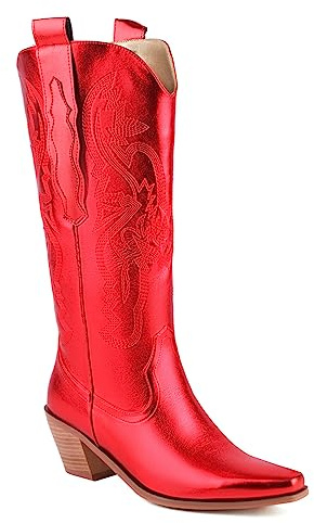 Femmes Western Bottes de cow-boy Botte mi-mollet Wide Calf Cowgirl Métallique Bottes with Embroidered Mode Rétro Classique Tall Boot pour femme Filles Dames Rouge Taille 44