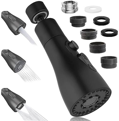 Kitchen Tap Spray Head, 360° Swivel Spout Kitchen Sink Tap with 3 Functions Modes, Tap Extender for Kitchen Sink, Replacement Tap Bubbler Head Aerator Sprayer Accessories Tap Adapter (Black)