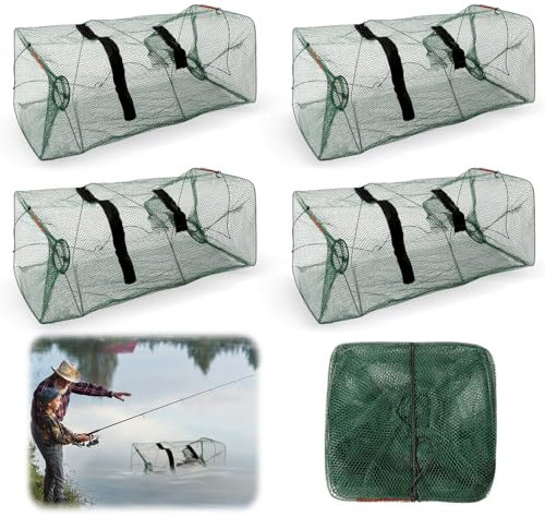 4 Stück Fischreuse,Krebsreuse,Reusen für Fischfang,Senke Angeln,Fischreuse Köderfischreuse,Fischreuse Köder Fisch Reuse Aalreuse,Krabbenreuse,Faltbare Köderfischreuse Nylon Reusen für Flusskrebse