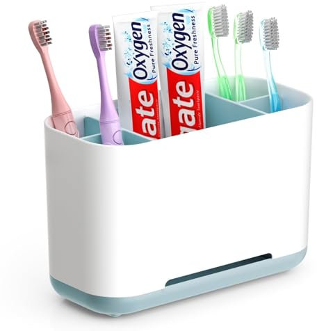 GlasFlength Porta Spazzolino Dentifricio, Organizer Portaspazzolino Elettrico da Bagno Spazzolino da Denti Staccabile Stand con Fondo Antiscivolo 2 Scomparti Regolabile per Il Bagno (Blu)