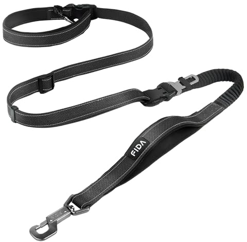 Fida 6-in-1 Hands Free Dog Leash Heavy Duty, Reflective Wasit Corssbody Dog Leash with Car Seat Clip | Adjustable for Running Hiking | Shock Absorbing Bungee, Dual Padded Detachable Handles (Black)