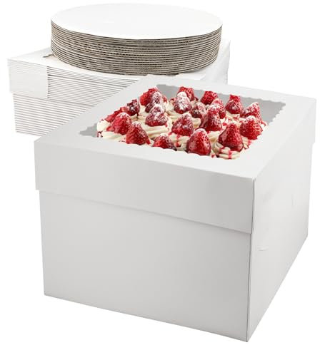 Scettar Lot de 18 boîtes de transport à gâteau blanches avec fenêtre et planches à gâteau rondes - 25 x 25 x 20 cm - Pour gâteaux, cupcakes, fêtes et anniversaires - Boîtes en carton robustes de 350 g