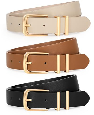 WERFORU Lot de 3 Ceintures Femme en Cuir Ceinture Mode Réglable pour Femme avec Boucle Dorée pour Jeans Robes Pantalons,Noir/Marron/Beige