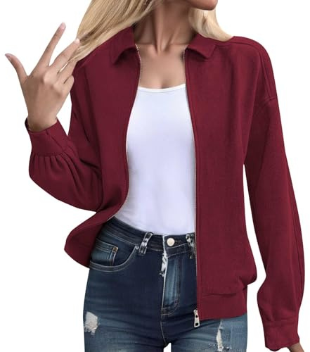 Vestes en daim pour femme - Veste courte en cuir synthétique - Col à revers - Veste bomber de pilote 2025 - Automne et hiver - Vêtement d'extérieur tendance Y2k - Fermeture éclair intégrale, bordeaux