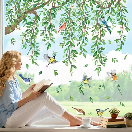 wondever Large Tree Branch Hanging Vine Window Clings Green Leaf Flower Birds Glass Sticker Decal Anti Collision Double-Side Static Window Stickers for Home Glass