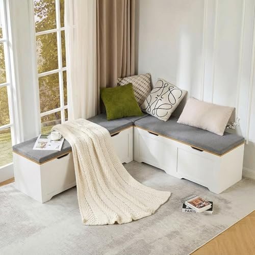 Andehomy 63 Farmhouse L-Shaped Bench with Cushion, Breakfast Nook Benches with Hidden Storage, Kitchen Corner Dining Bench Seating for Entryway, Dining Room Kitchen, Oak and White