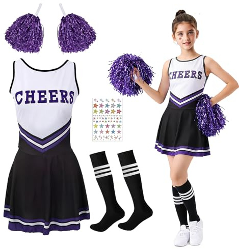 Waldspring Cheerleader Kostüm Kinder, Cheerleadering Outfit Mädchen, Kinderkostüm Cheerleader mit Rock Pompoms Socken und 2 Sticker, Cheerleading Uniform für Karneval Halloween Fasching (Nero, 140)