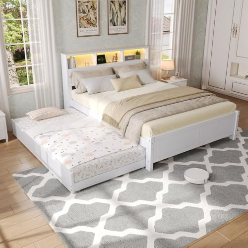 Cama para 2 personas 120x200 y 90x190cm, caja de sombreado de cama con y USB, marco de cama doble con banda de luz ambiental, con correa, arreglo de la cabeza, marco de pino, pasador de MDF, blanco