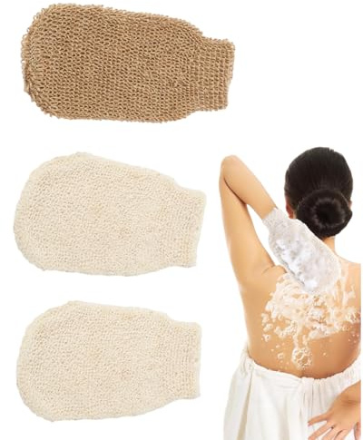 YIPFEN Manoplas Exfoliantes Corporales de Sisal, 3 Unidades (2 Blancas, 1 Marrón) para Ducha, Baño, Masaje y Eliminar Piel Muerta, Limpieza Profunda, Piel Suave