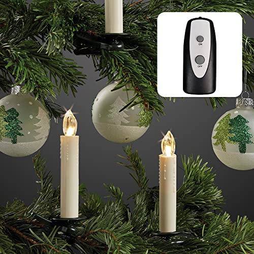 hellum LED Weihnachtsbaumkerzen kabellos (Basis-Set), 10x warmweiß LED Kerzen mit Fernbedienung, batteriebetriebene 14x2cm Christbaumkerzen ohne Kabel, elfenbein Wachstropfen 602630