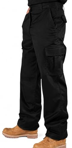 Roadmaster Men’s Work Trousers Cargo Combat Pants – Heavy Duty Poly Cotton Builders & Warehouse Workwear Trousers with 6 Pockets, Durable Comfortable Fit, Black, 36 - Short