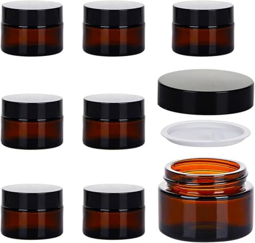 Amber Glass Jars - 8 Pack (60ml) with Lids - Brown Travel Cosmetic Containers with Spatula - UV Protection for Powder, Lotion and Cream
