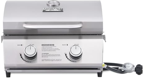 Monument Grills Griglia a gas propano da tavolo per cucinare da campeggio portatile all'aperto con serrature da viaggio, coperchio alto in acciaio inox e termometro integrato