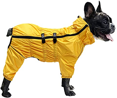 Morezi dog raincoat with high collar waterproof raincoat for dogs reflective four-leg rain gear jumpsuit for puppies small medium pet - Yellow - L
