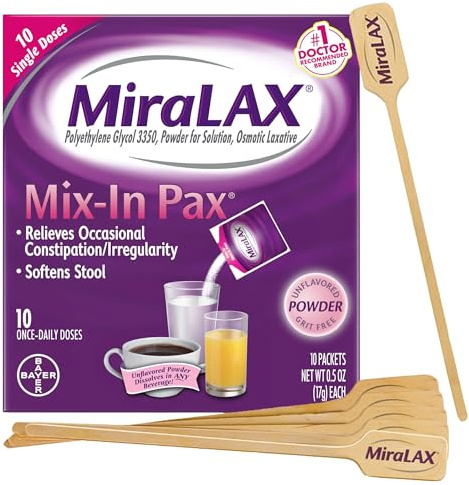 MiraLAX Gentle Constipation Relief Laxative Powder, Stool Softener with PEG 3350, No Harsh Side Effects, Single Dose Mix-In Pax with Mixing Stirrers, Travel Pack, 10 Dose