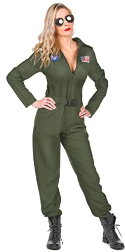 DEGUISE TOI - Déguisement pilote d'avion femme - Combinaison - Lunettes - S - Vert - Déguisements adultes - 100% polyester - Laver à la main - Carnaval