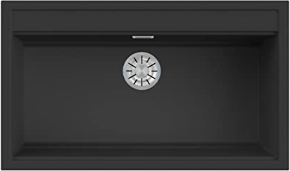 EVHOC Lavello Sopratop 86x51 cm, 1 Vasca, Lavandino in Kuarzite Vasca Unica per Cucina, Fascia Miscelatore Preforata, Made in Italy, Nero, DESIDERATA L