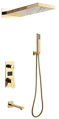 Duschsystem, infällt duschset mässing digital display varm kall blandare med huvuddusch, duschtermostat duschmunstycke duscharmatur (guld)