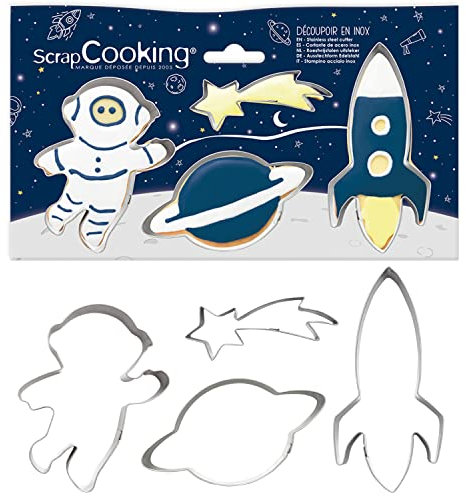 ScrapCooking – 4 Ausstechformen für Plätzchen, aus Edelstahl – Astronaut, Sternschnuppe, Rakete, Planeten – Formen für kleine Kuchen – Zubehör zum Backen Geburtstag Deko – 2084
