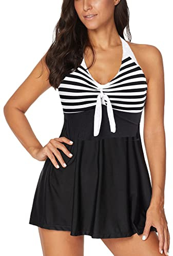 OAMENXI Dambaddräkt, onepiece tankinis med hotpants, baddräkt, slimhet med kjolar, stora badkläder, Svart remsa, M