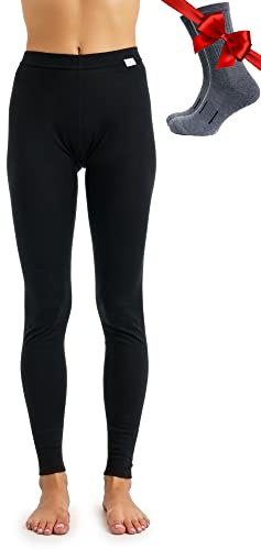 Merino Wool Base Layer Women Pants 100% Merino Wool Leggings Heavyweight, Midweight, Lite Thermal Underwear Bottom and Socks (Small, 165 Black)