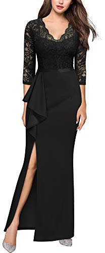 MISSMAY Women's Vintage Floral Lace Ruffle 3/4 Sleeves Evening Party Formal Long Dress (Large, Black)