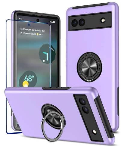 KRAFTCARE Hülle für Google Pixel 6A mit 1 Pack Panzerglas Schutzfolie, Handyhülle mit Eingebetteter 360° Grad Ring, Magnetische Schutzhülle Stoßfest Cover Case für Google Pixel 6A,Lila