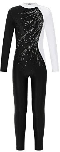 IEFIEL Långärmad gymnastikdräkt för flickor, tvåfärgad, helkroppsdräkt, sportig body, barn, glitter, gymnastikdräkt, danskostym, danskostym, Wd vit, 134-140
