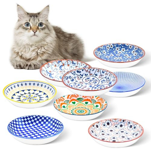 FOSTBEEN Katzen-Futternapf, Keramik-Katzennäpfe, 8 Stück, Bunte Katzennäpfe, Flacher Katzen-Futternapf, Whisker Fatigue-Katzennapf, Kätzchen-Futternapf, Katzennäpfe für Futter und Wasser