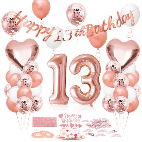 Luftballon 13. Geburtstag Roségold - Deko Set Mit Riesen Folienballon Zahl 13, Happy Birthday Ballon - Dekoration für Frauen