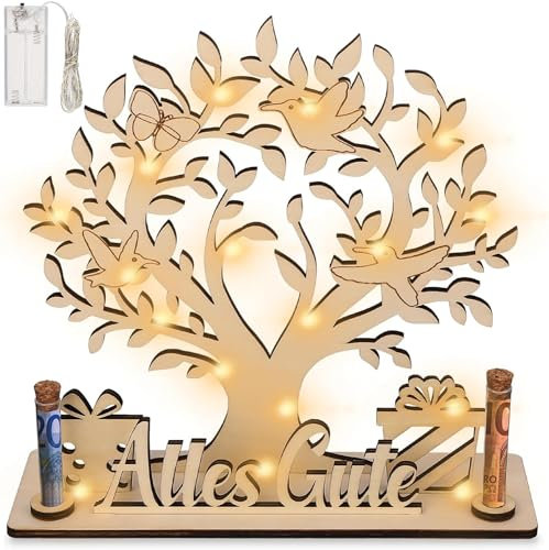 HENGBIRD Geldbaum Geschenk aus Holz, Geldbaum aus Holz mit LED Lichterkette, Personalisierte Geldgeschenke Hochzeit Geburtstag, Geldgeschenke Verpackung für Männer Frauen Brautpaar
