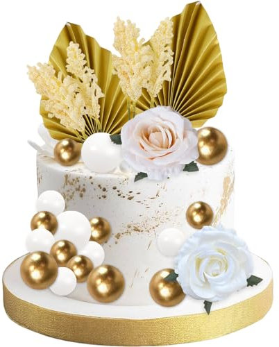 KIKVTER 30 Stück Boho Tortendeko, Kuchen Dekoration Kugel Palmblätter Kuchendekoration Tortendeko Blumen, Tortendeko Geburtstag, Tortenaufsatz für Hochzeit, Geburtstag, Babyparty