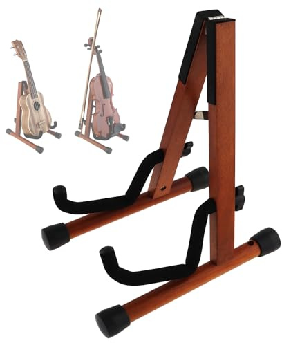 MuzcYM Violin Stand, Ukulele stand, Wooden Banjo Stand, Real Mahogany Solid Wood Floor Violin Stand with Bow Holder, Foldable A Stand for Ukuleles Violin Viola with Bow Holder