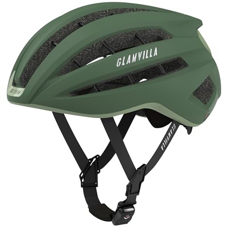 GLAMVILLA Casco da bici da corsa per uomo e donna, da città, da trekking, professionale, ultra leggero, ventilato, con fibbia magnetica a scheletro (verde scuro, M)
