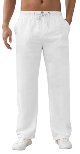Aisprts Pantaloni Uomo Estivi Pantaloni in Lino Pantaloni Uomo Estivi Leggeri Pantalone Larghi per Il Tempo Libero con Tasche, Elastico in Vita e Coulisse, Bianco, M