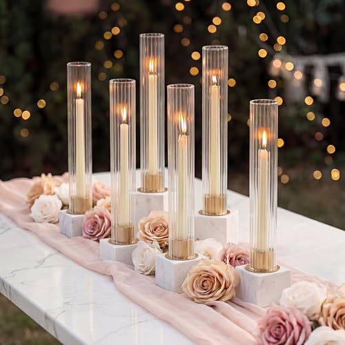 NUPTIO Portavelas con diseño de huracán acanalado: juego de 6 portavelas de metal con cilindros de vidrio, portavelas cónicos dorados para cumpleaños, San Valentín, boda, centro de mesa, decoración al