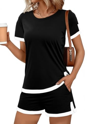 JFAN Tuta Donna Estiva 2 Pezzi Maniche Corta Casual Completo Sportivo Donna Estivo Elegante Top Scollo Rotondo e Pantaloncini a Vita Alta con Tasche,Nero,L
