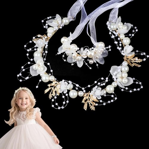 Adorno Pelo Comunion, Tocados de Boda Pulsera Primera Cabeza de Comunión Pearl Diadema Flores Niña Regalo de la Princesa de Cumpleaños de la Niña