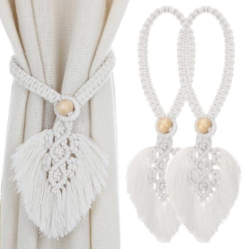 Ptwola 2 Stück Vorhang Raffhalte Boho Vorhanghalter Handgestrickt Gardinenhalter Schnallen Raffhalter Verstellbar mit Holzperle für Zuhause Dekorative Bohemian-Accessoires für drinnen und draußen