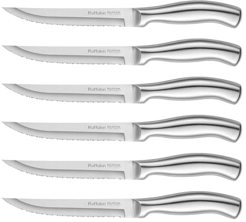 Ruffulon Couteau à Steak, 6 couteaux à steak en acier inoxydable, ensemble de couteaux à steak dentelés, couverts à steak de cuisine, passe au lave-vaisselle ，Dentelés Super Tranchants, 23CM
